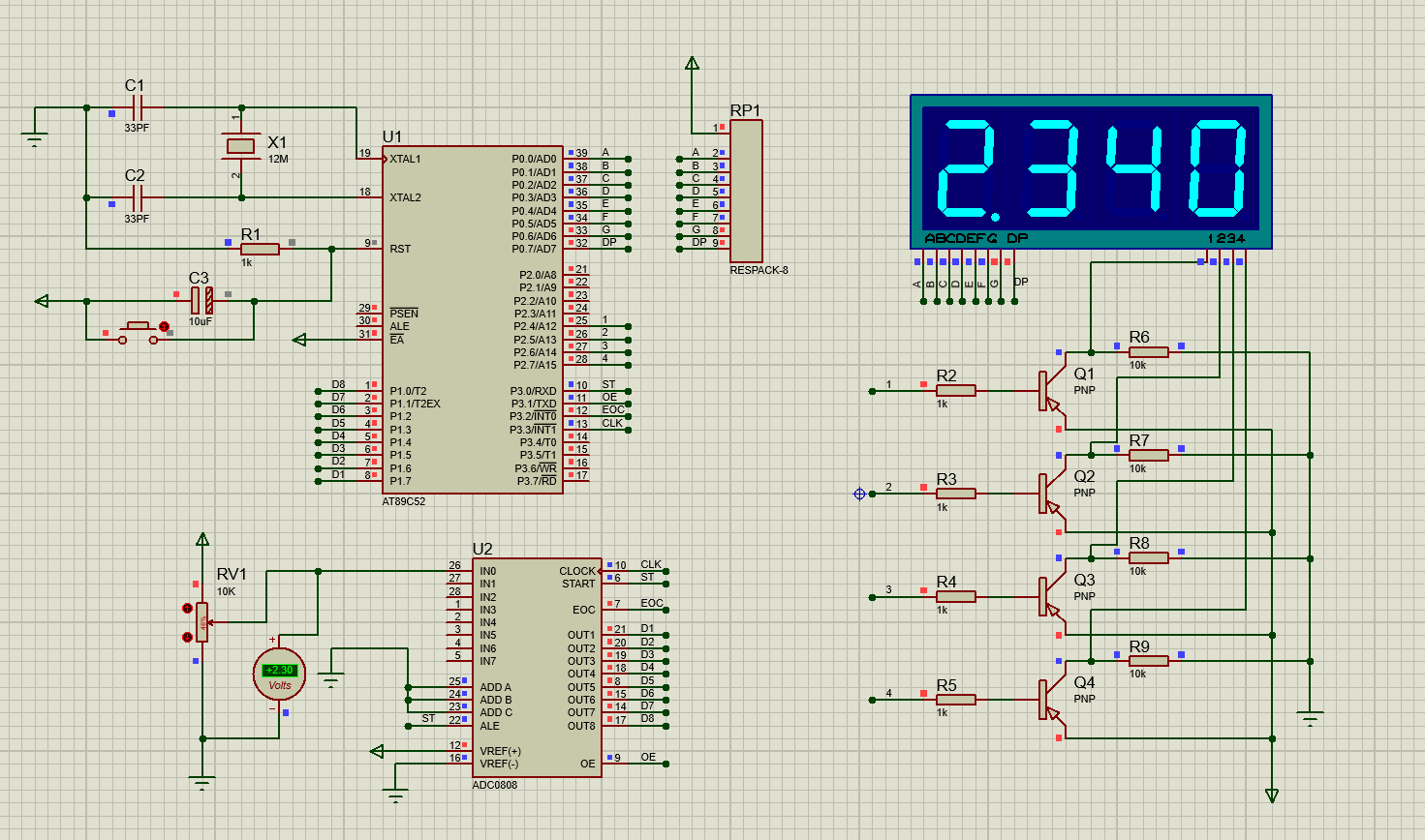 【E1152】單片機(jī)+ADC0809模數(shù)轉(zhuǎn)換+電壓顯示