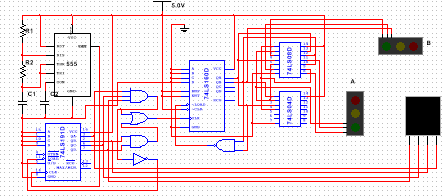 【E1301】交通燈控制器設(shè)計(jì)(Multisim仿真電路圖）